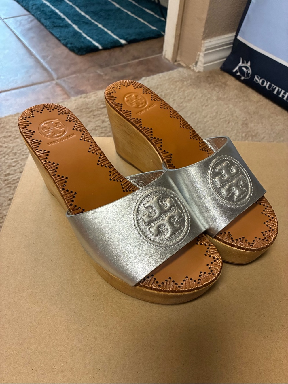 Tory Burch Metallic Silver Leather Wedge Slide Sandals